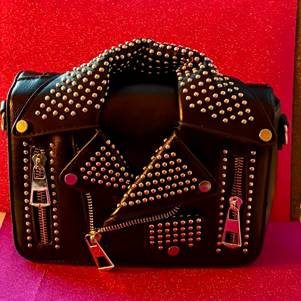 Motorcycle Jacket Inspired Studded Black Leather Crossbody or Clutch Bag NWWT - Picture 2 of 16